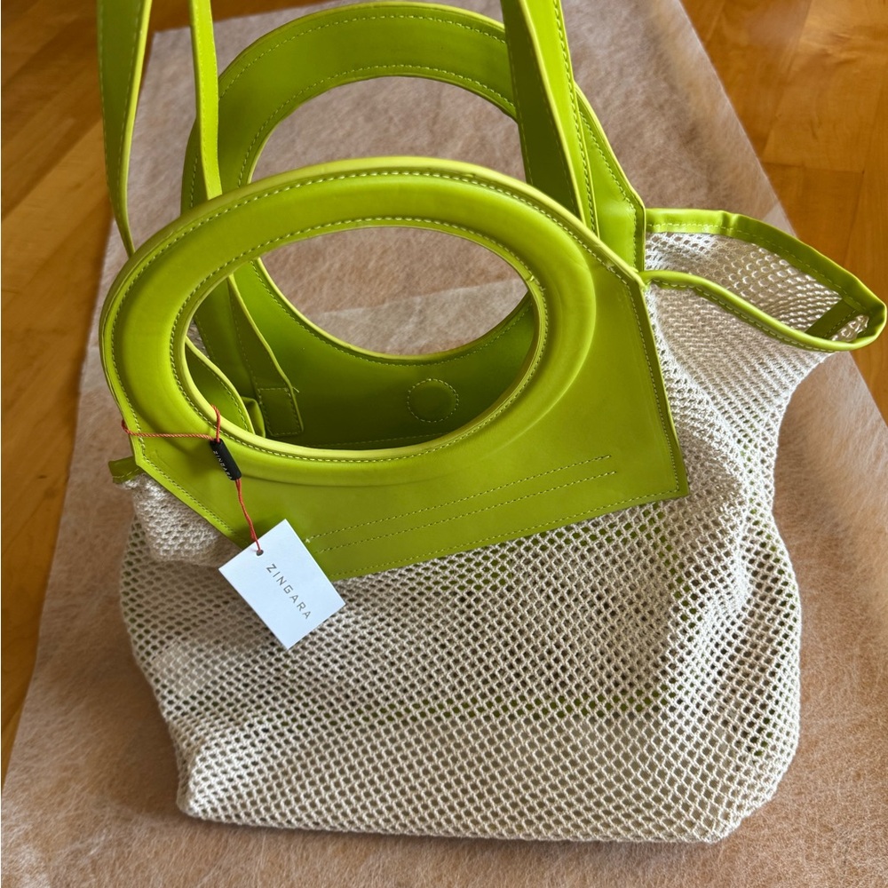 Zingara Lime Green and Cream Netted Tote Bag with Magnetic Closure